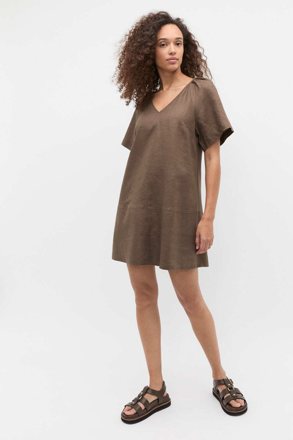 Linen V Neck Flutter Sleeve Mini Dress  Pinecone