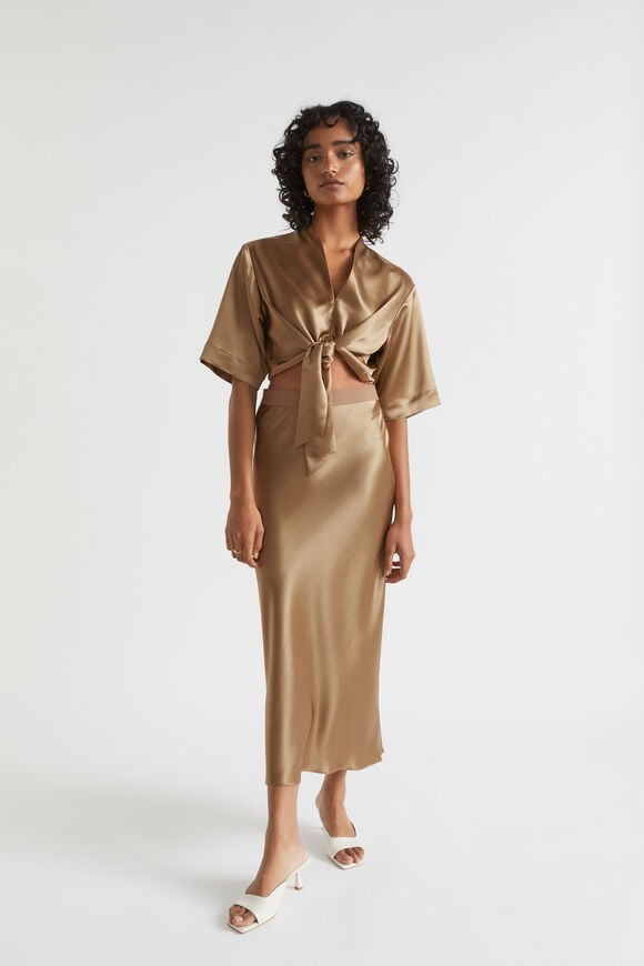 Satin Tie Front Top  Deep Brass Satin Tie Front Top  Deep Brass  hi-res