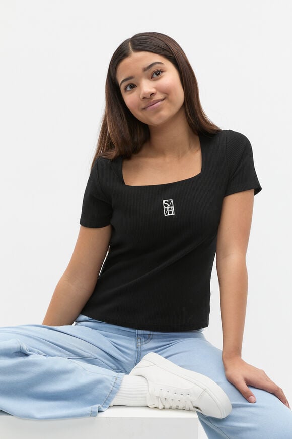 Square Neck Logo Rib Tee  Black Square Neck Logo Rib Tee  Black  hi-res