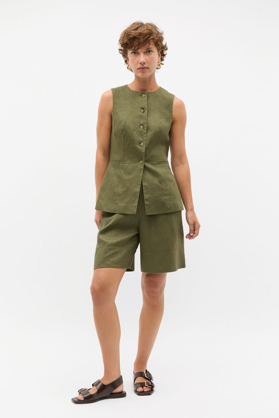 Linen Waisted Button Down Vest  Rainforest