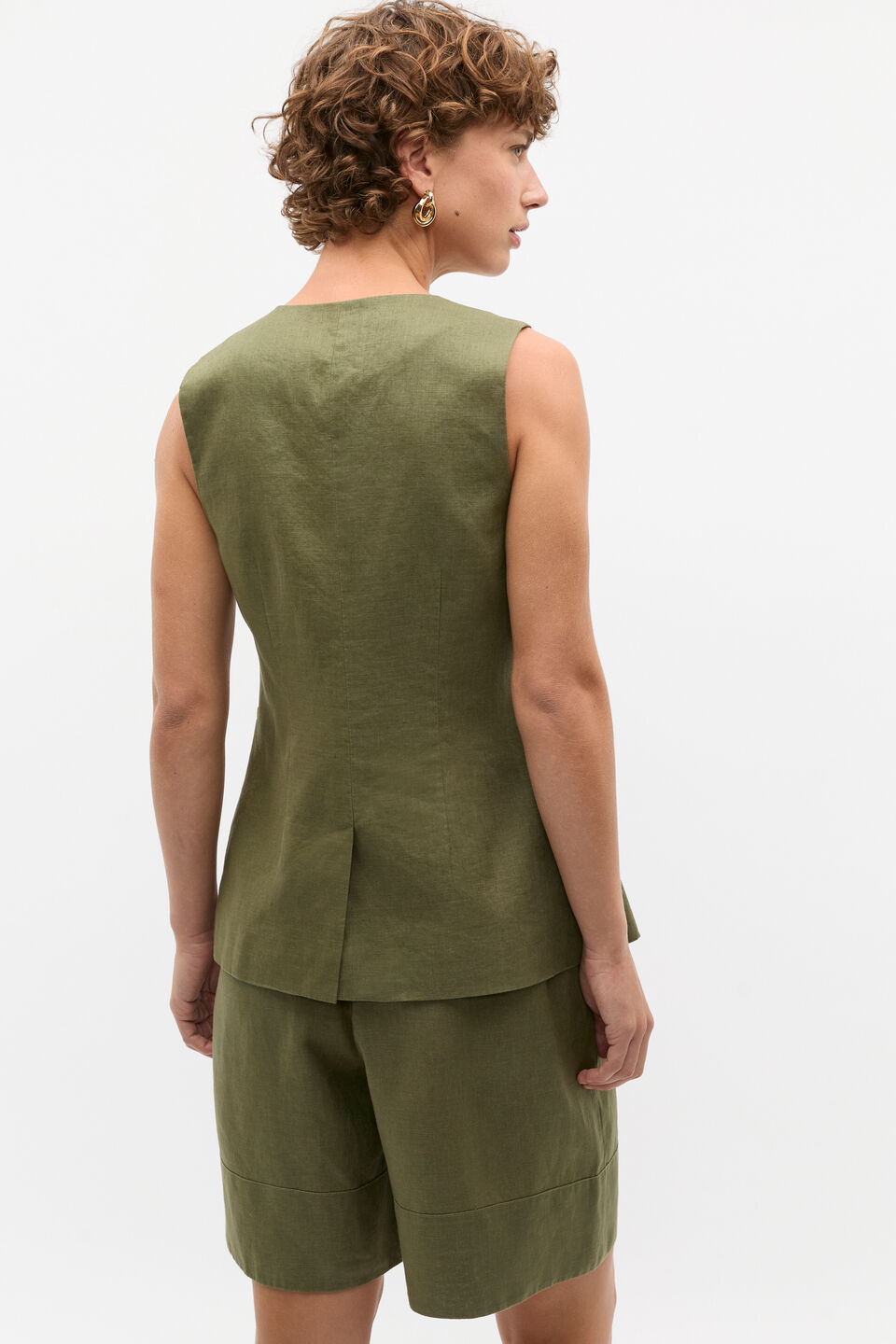Linen Waisted Button Down Vest  Rainforest