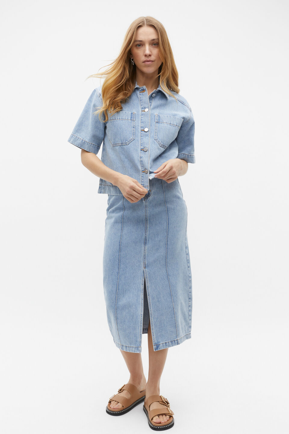 Denim Midi Pintuck Skirt  Vintage Wash
