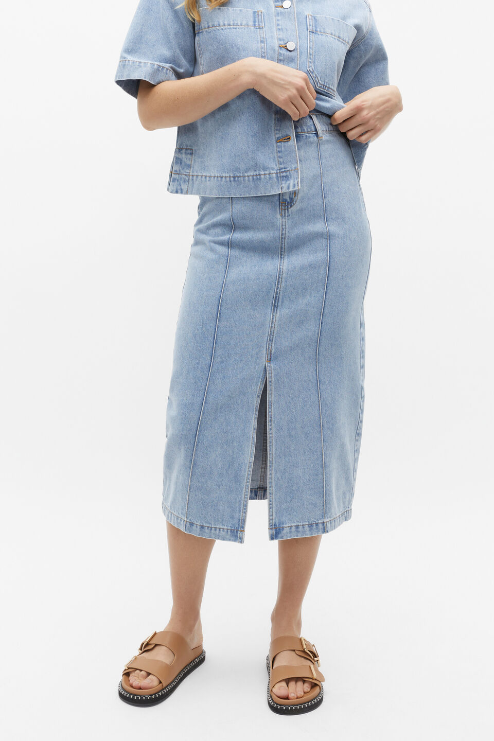 Denim Midi Pintuck Skirt  Vintage Wash
