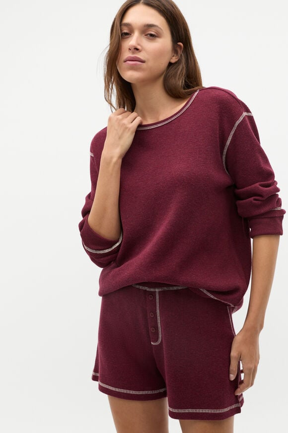 Contrast Long Sleeve and Short PJ Set  Plum Red Marle Contrast Long Sleeve and Short PJ Set  Plum Red Marle  hi-res