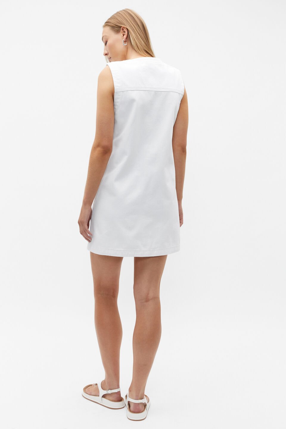 Denim Button Down Mini Shift Dress  White