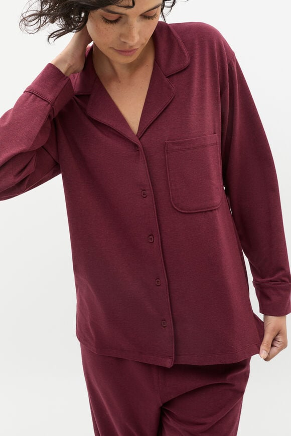 Jersey Button Through Top and Pant Set  Plum Red Marle Jersey Button Through Top and Pant Set  Plum Red Marle  hi-res