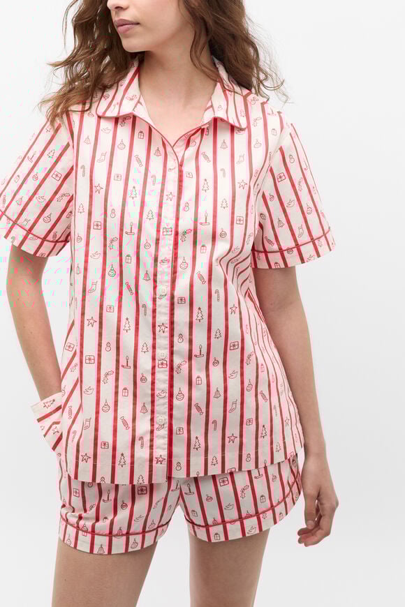 Christmas Stripe Shirt and Short PJ Set  Vintage Cream Christmas Stripe Shirt and Short PJ Set  Vintage Cream  hi-res