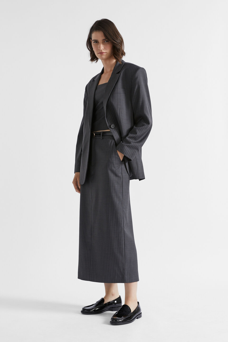 Wool Blend Pinstripe Bodice  Steel Pinstripe