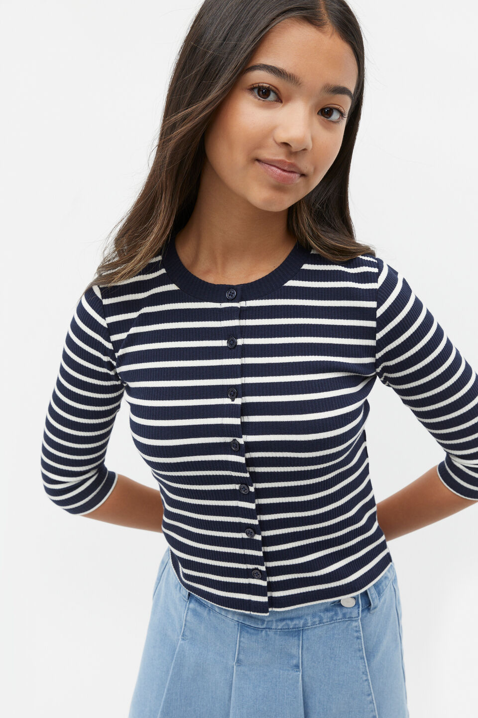 Button Up Rib Tee  New Navy
