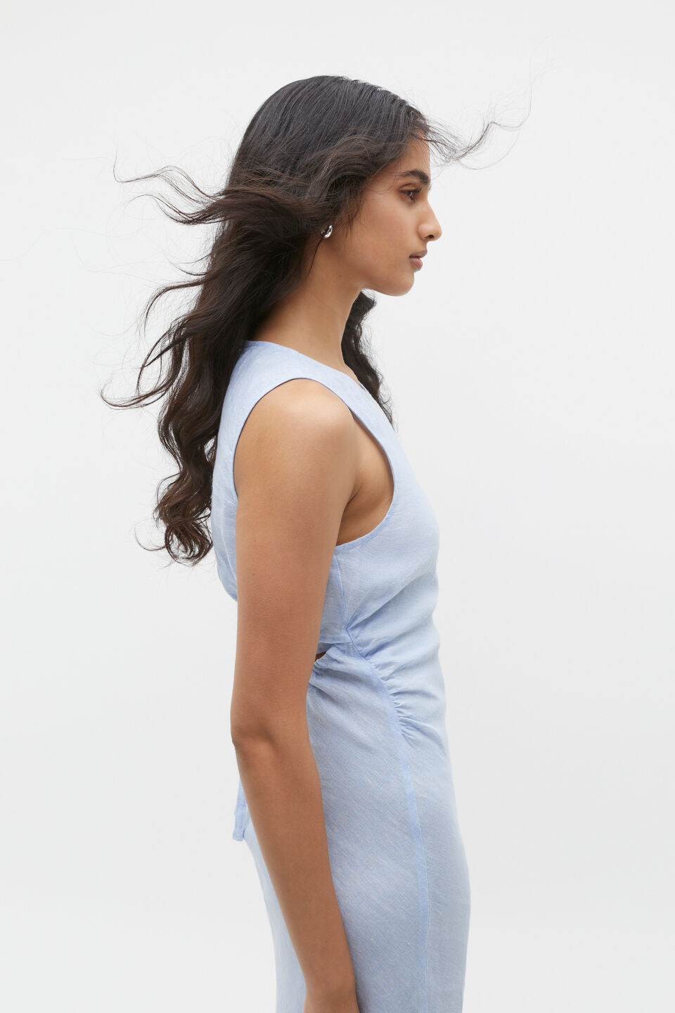 Linen Ruched Side Maxi Dress  Frost Blue Crossdye