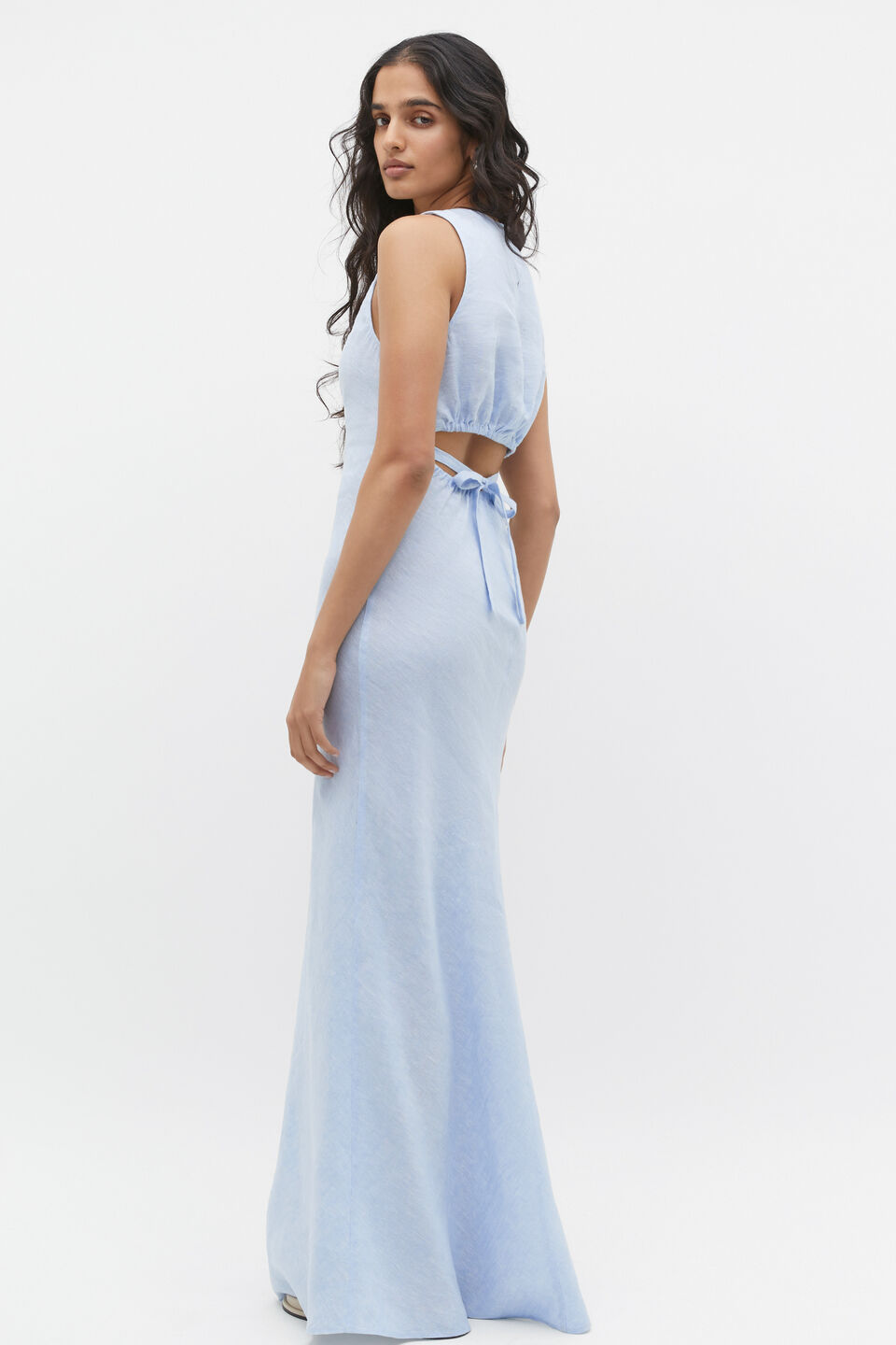 Linen Ruched Side Maxi Dress  Frost Blue Crossdye