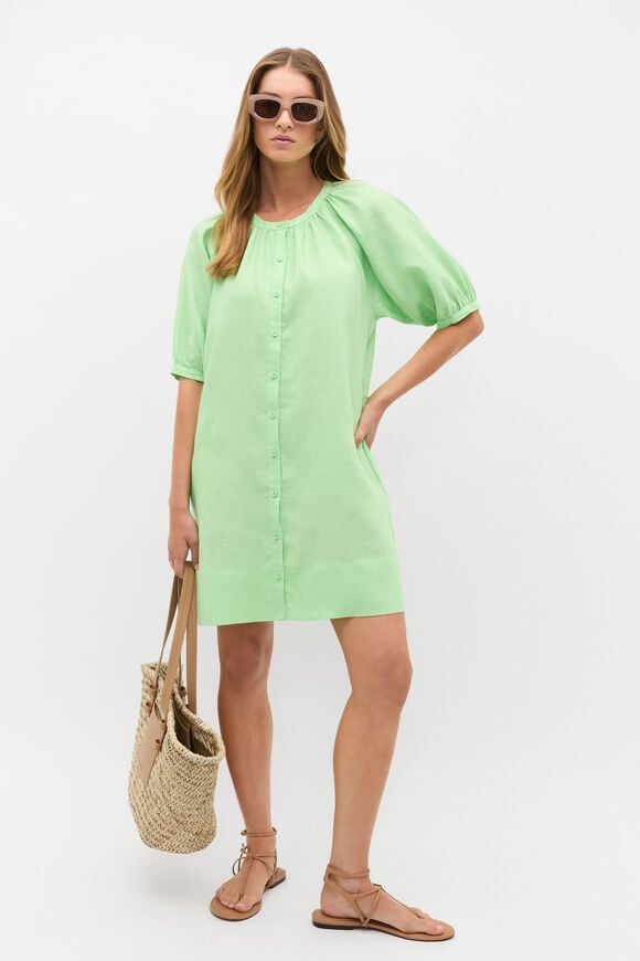 Linen Gathered Mini Dress  Green Apple Linen Gathered Mini Dress  Green Apple  hi-res