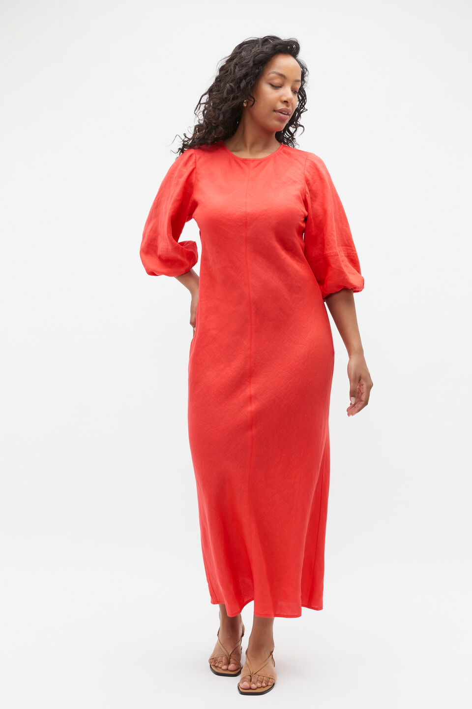 Linen Balloon Sleeve Slip Maxi Dress  Strawberry Red