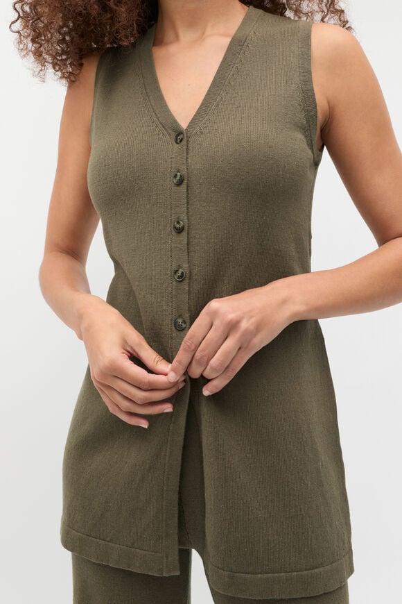 V Neck Button Through Knit Vest  Olive Leaf V Neck Button Through Knit Vest  Olive Leaf  hi-res