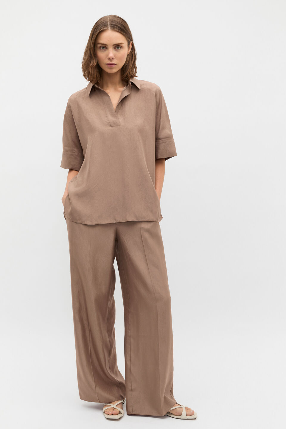Crinkled Satin Palazzo Pant  Nutmeg
