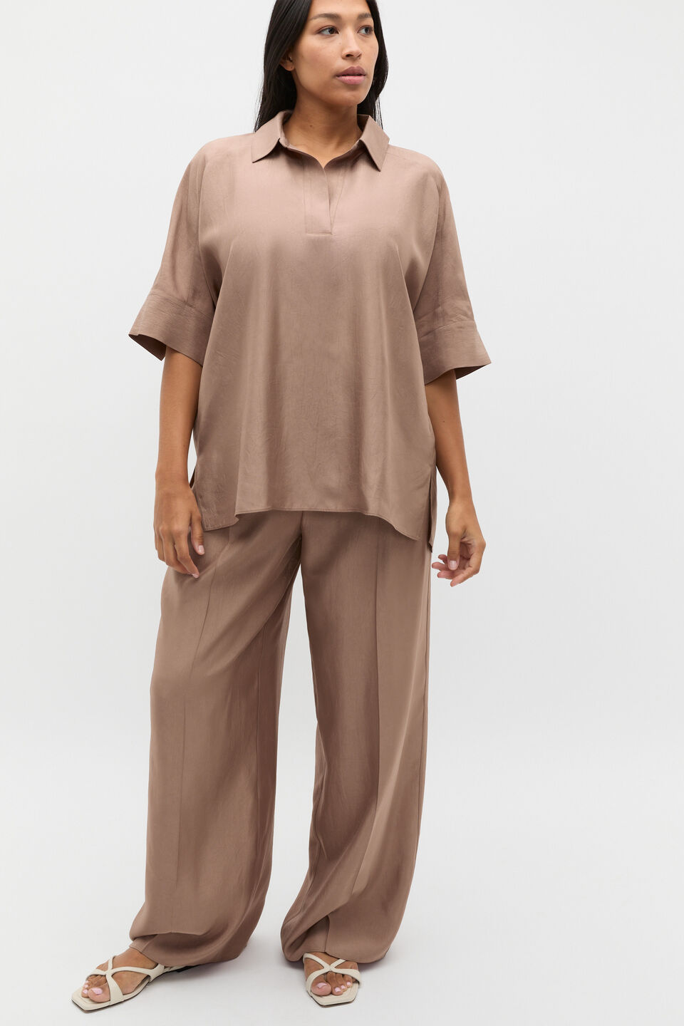 Crinkled Satin Palazzo Pant  Nutmeg