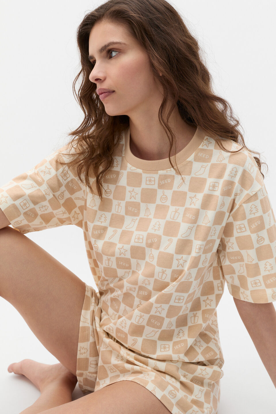 Christmas Check T-Shirt and Short PJ Set  Ecru