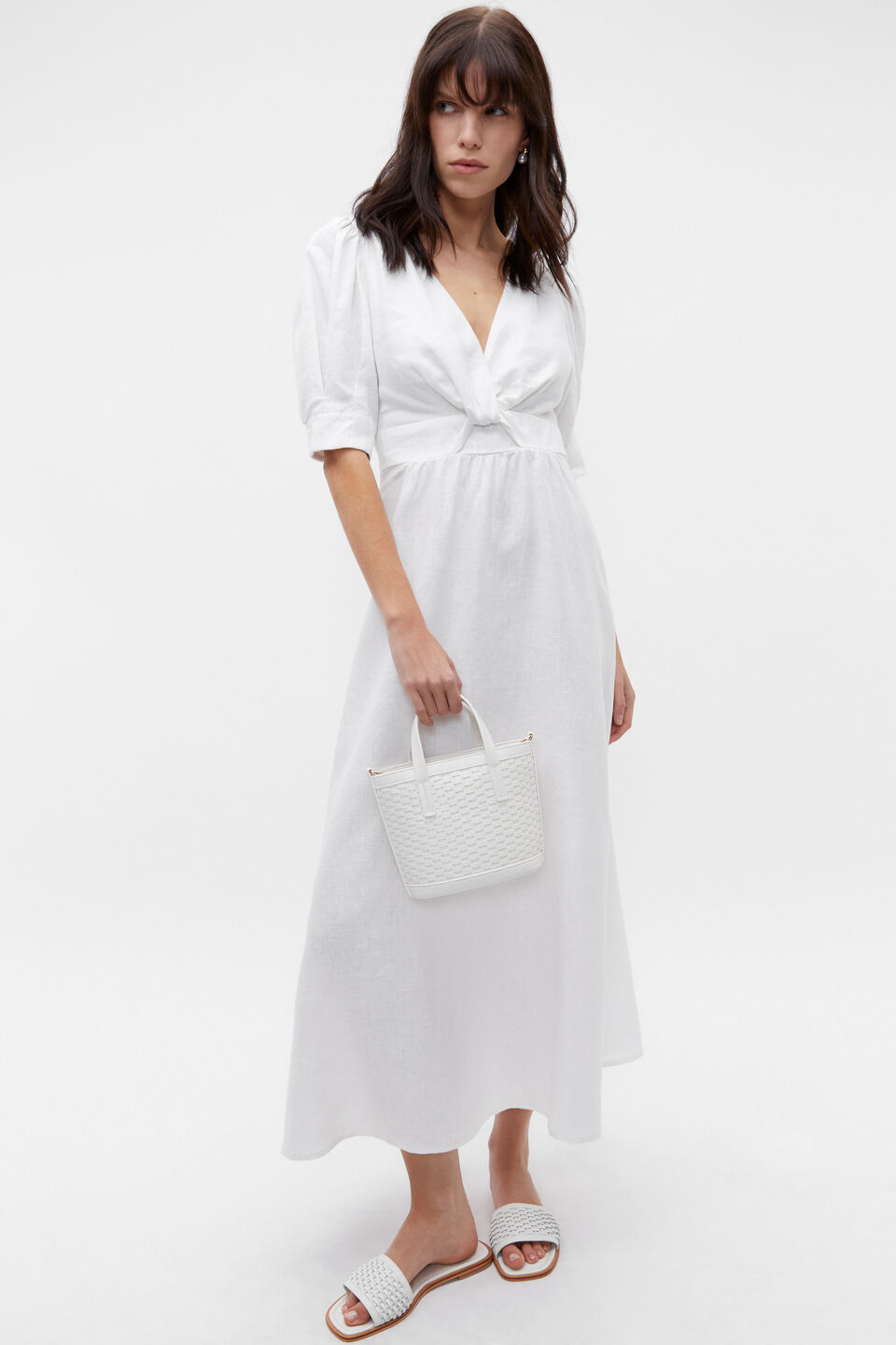 Linen Twist Front Midi Dress  Whisper White
