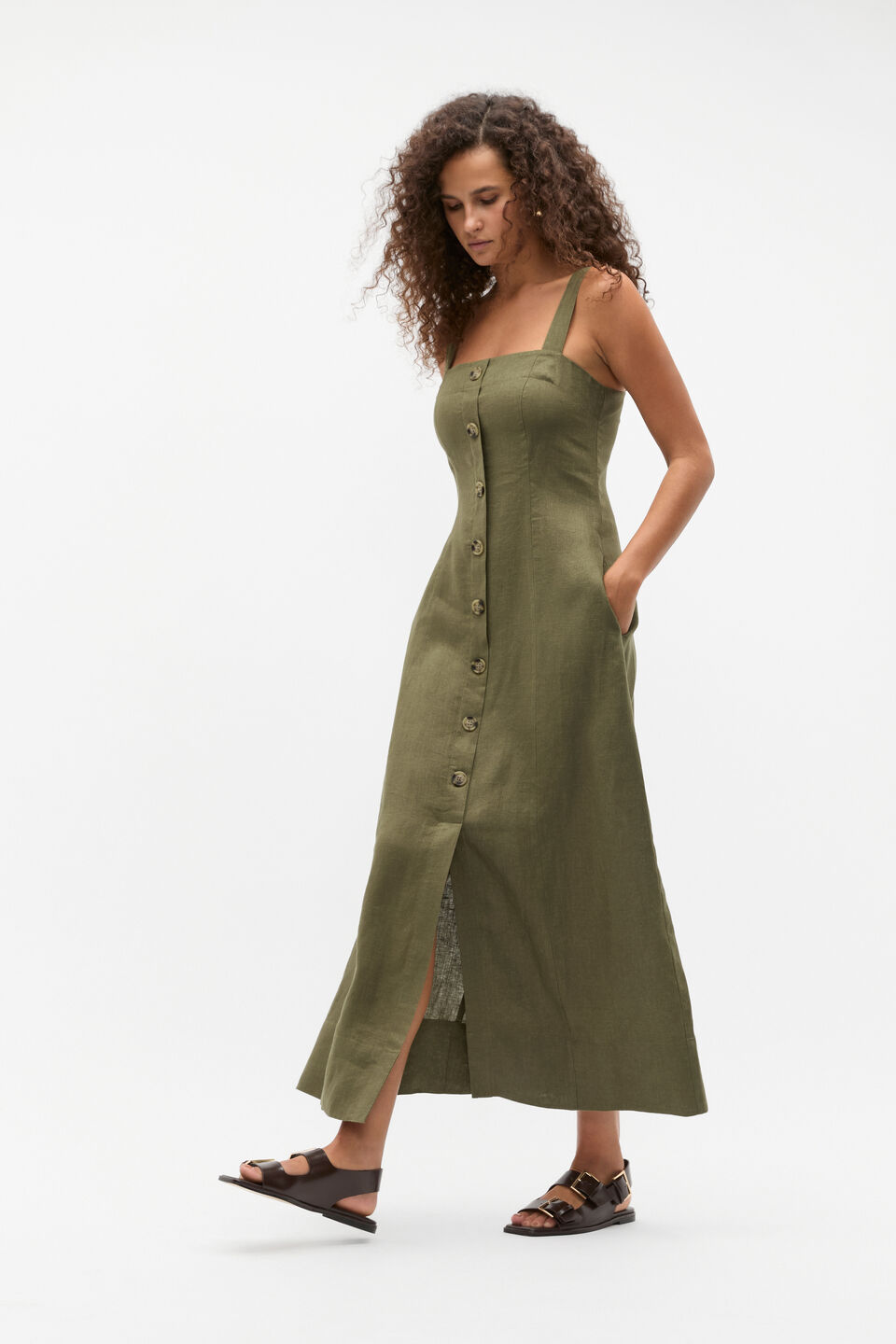 Linen Square Neck Button Midi Dress  Rainforest