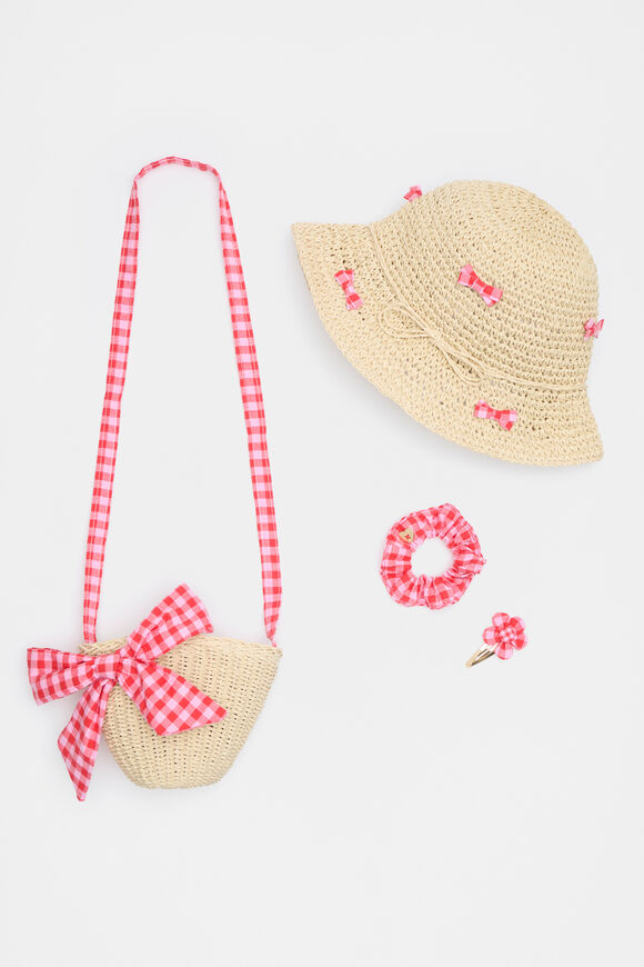 Gingham Bow Straw Hat  Natural  hi-res
