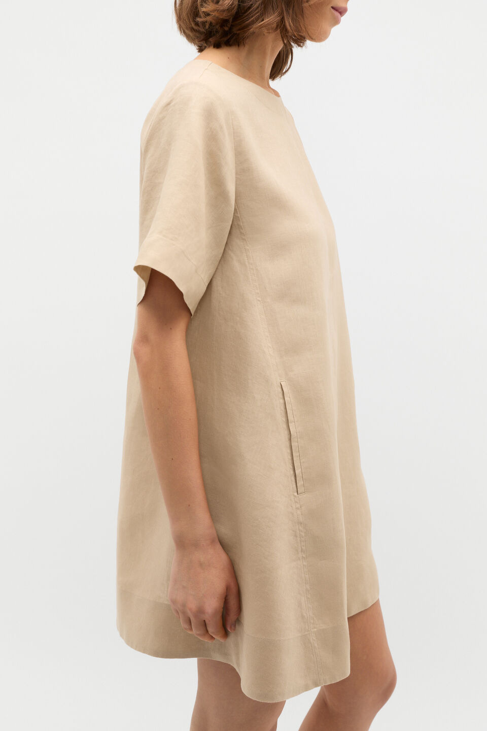 Linen Short Sleeve Mini Dress  Iced Latte