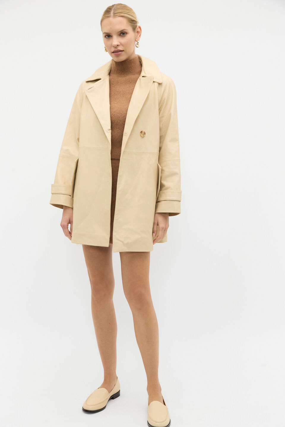 Leather Short Trench Coat  Light Marzipan