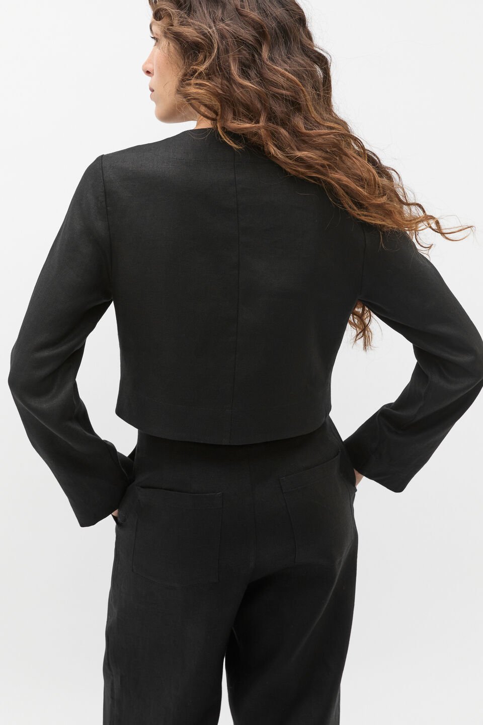 Long Sleeve Linen Vest  Black