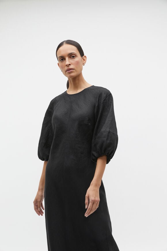 Linen Balloon Sleeve Slip Maxi Dress  Black  hi-res