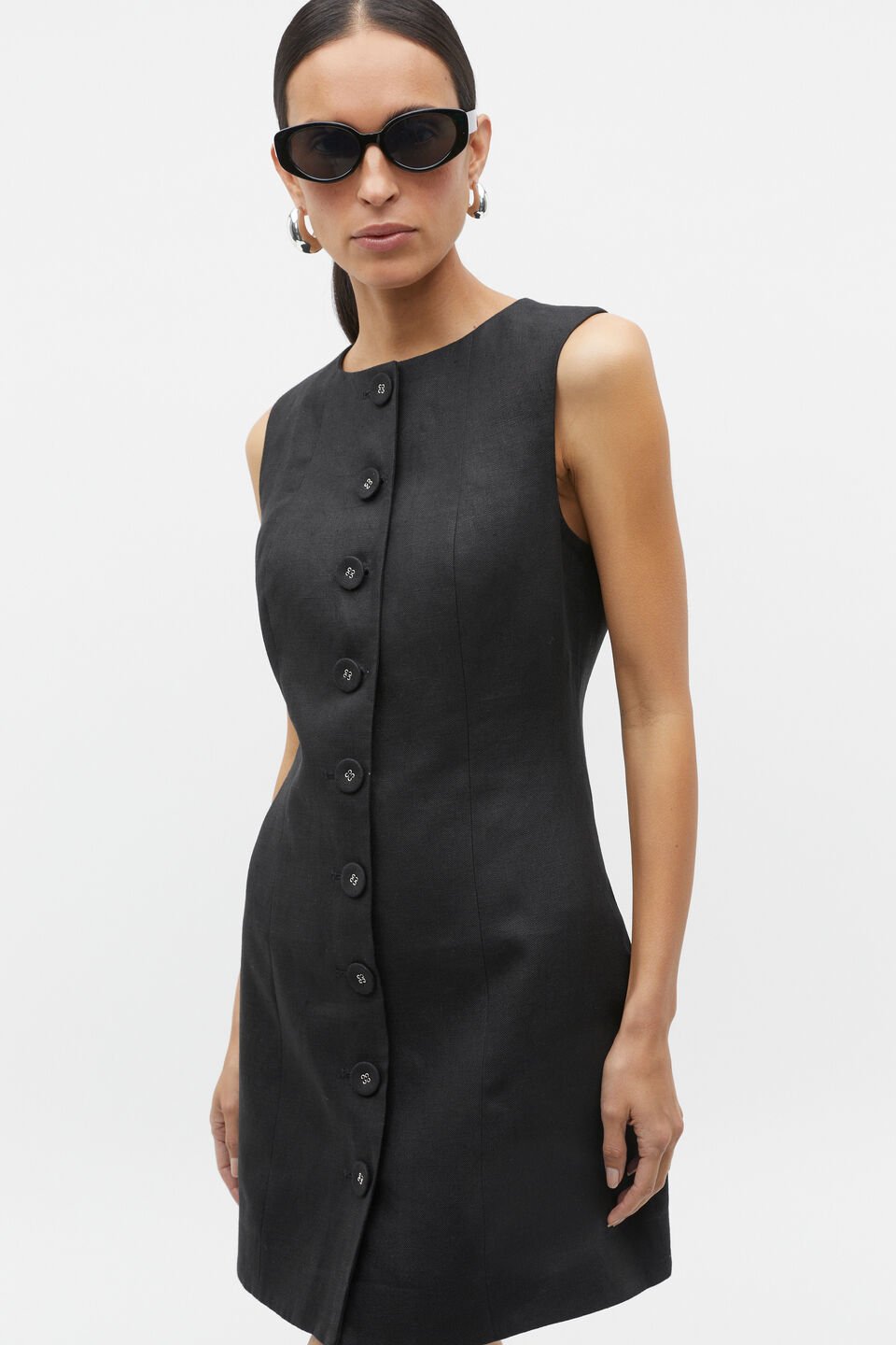 Linen Button Through Mini Dress  Black