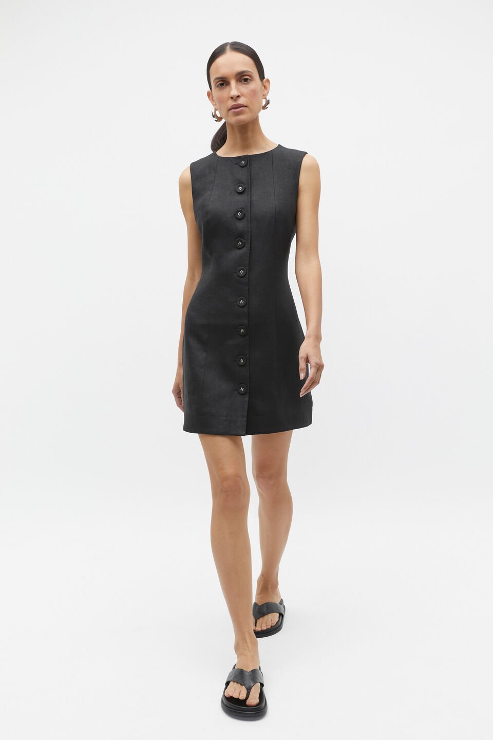 Linen Button Through Mini Dress  Black