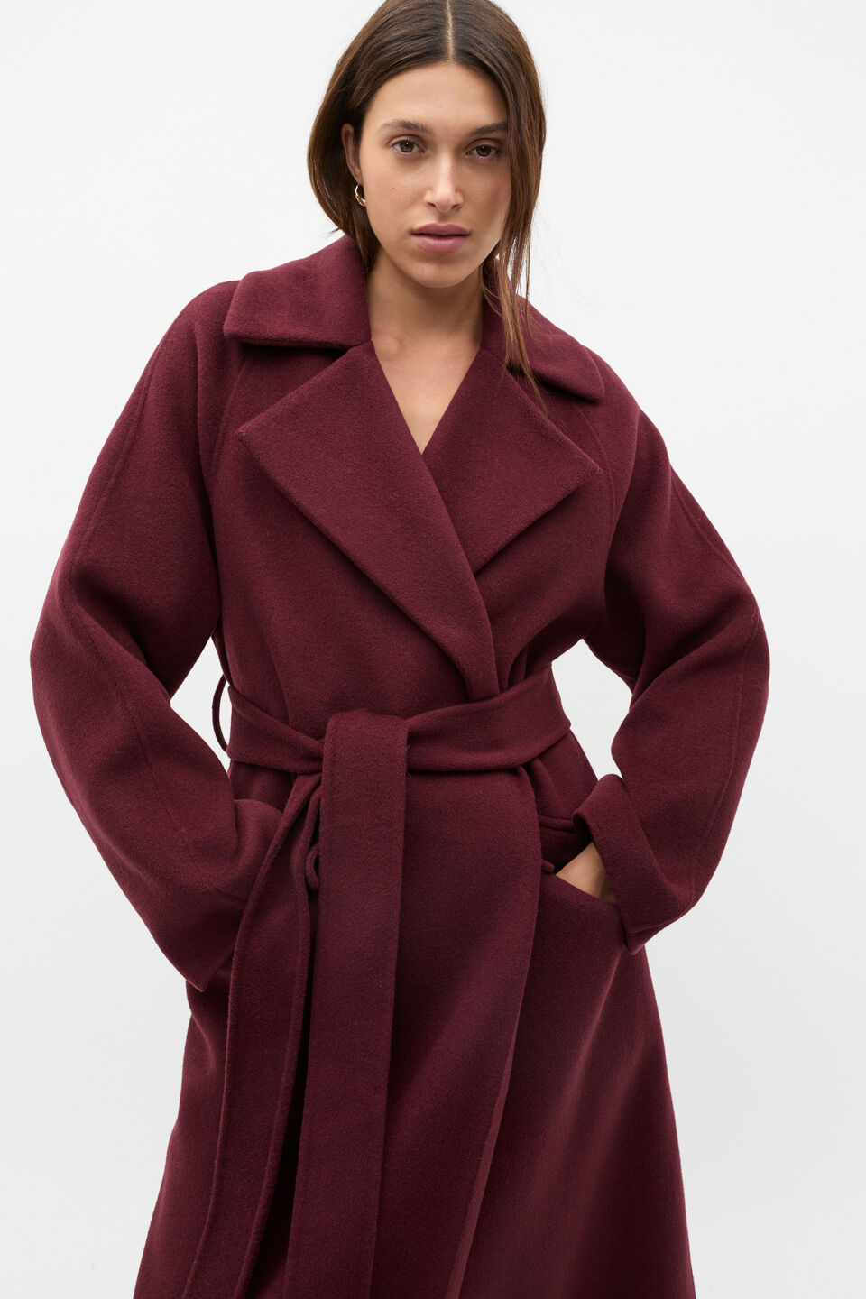 Wool Blend Lapel Coat  Plum Red