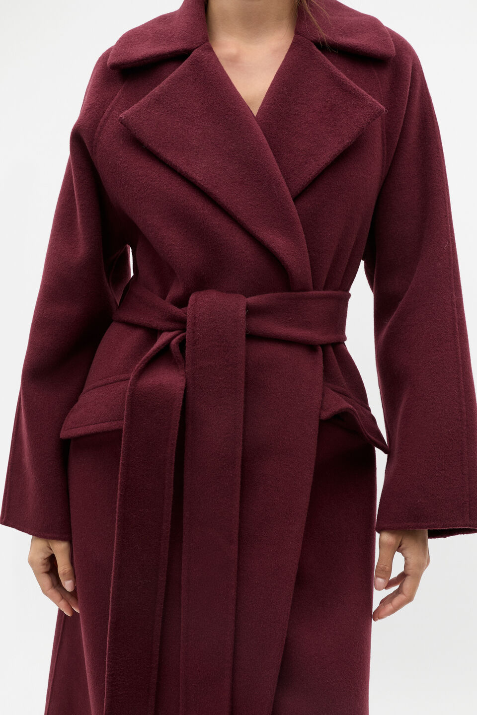 Wool Blend Lapel Coat  Plum Red