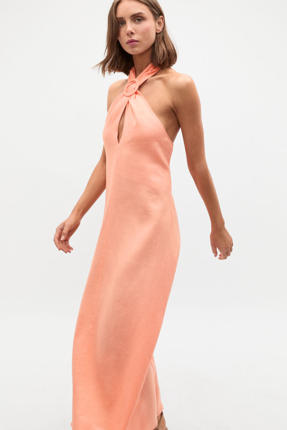 Linen Halter Ring Maxi Dress  Tangerine