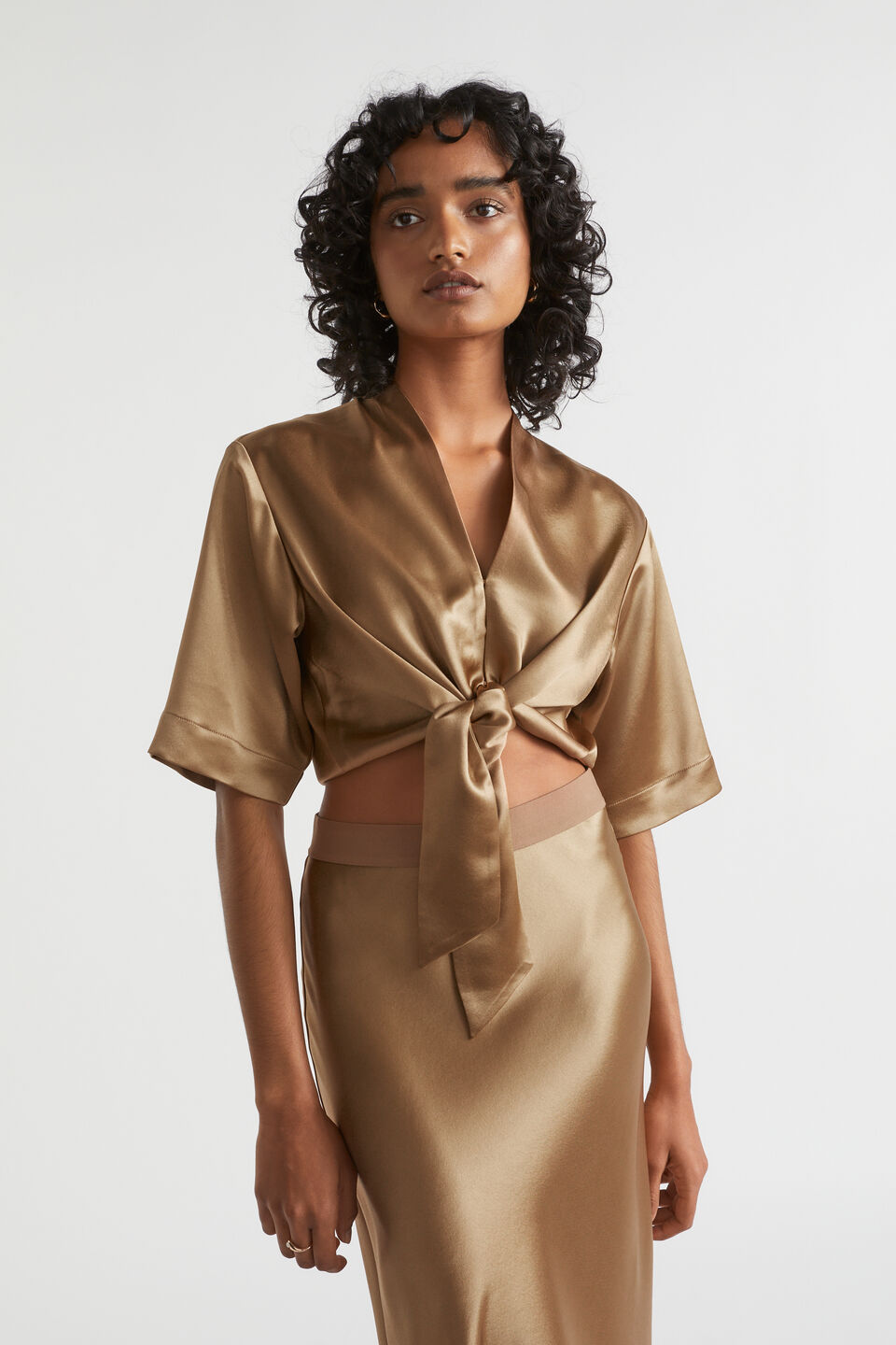 Satin Tie Front Top  Deep Brass