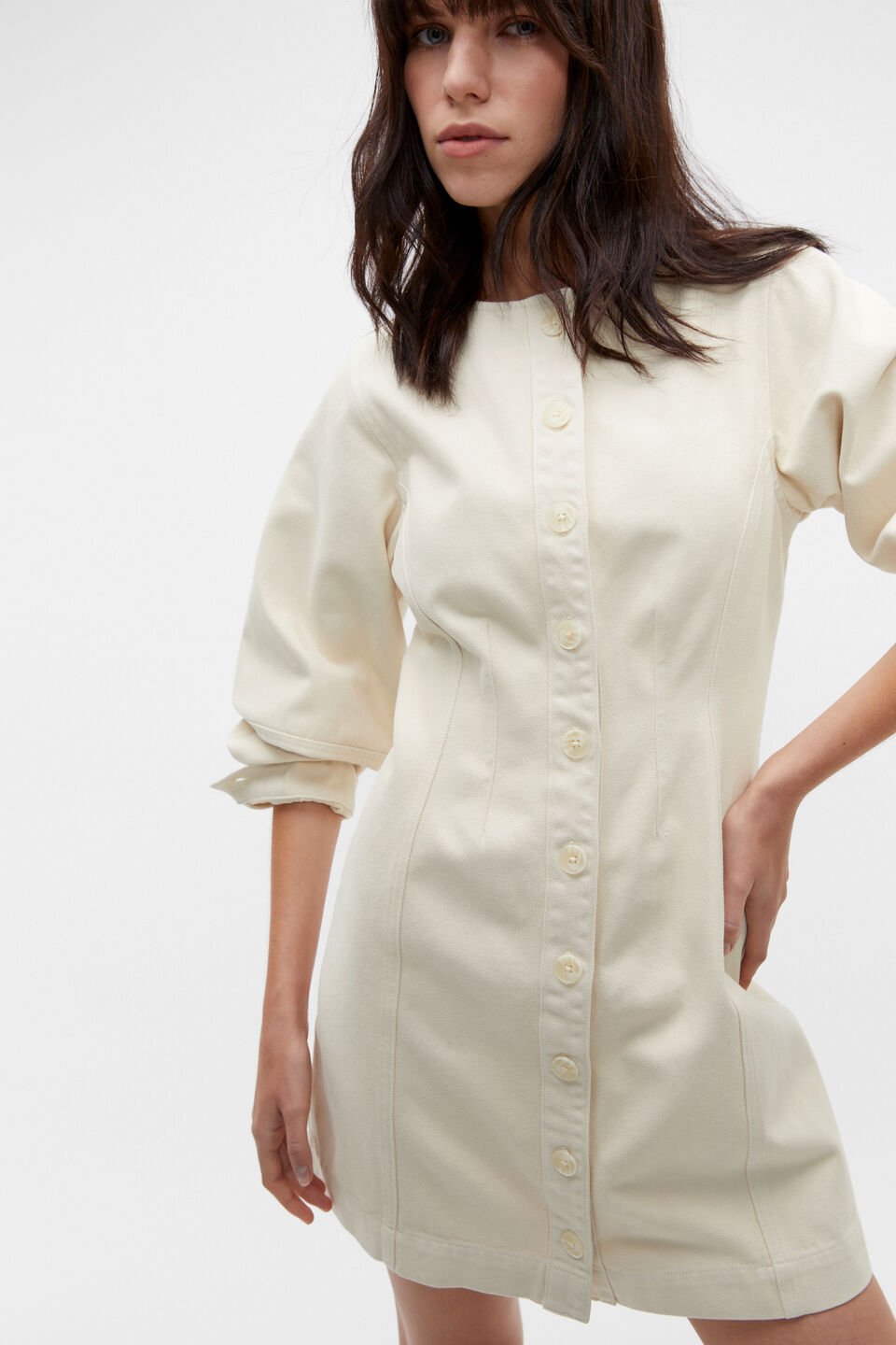 Denim Balloon Sleeve Mini Dress  Vanilla Cream