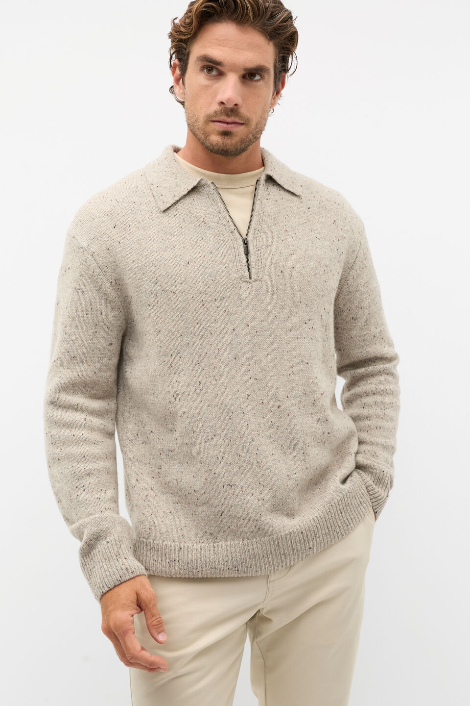 Wool Blend Half Zip  Oat Marle
