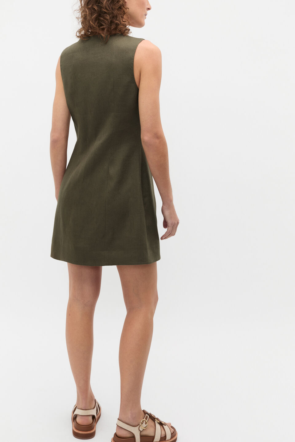 Linen V Neck Button Mini Dress  Olive Leaf