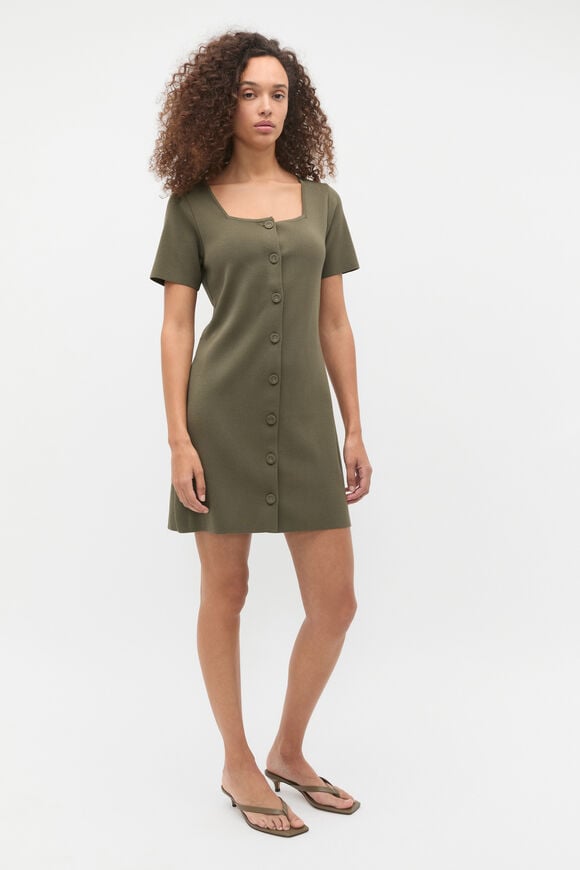Crepe Knit Short Sleeve Mini Dress  Olive Leaf  hi-res