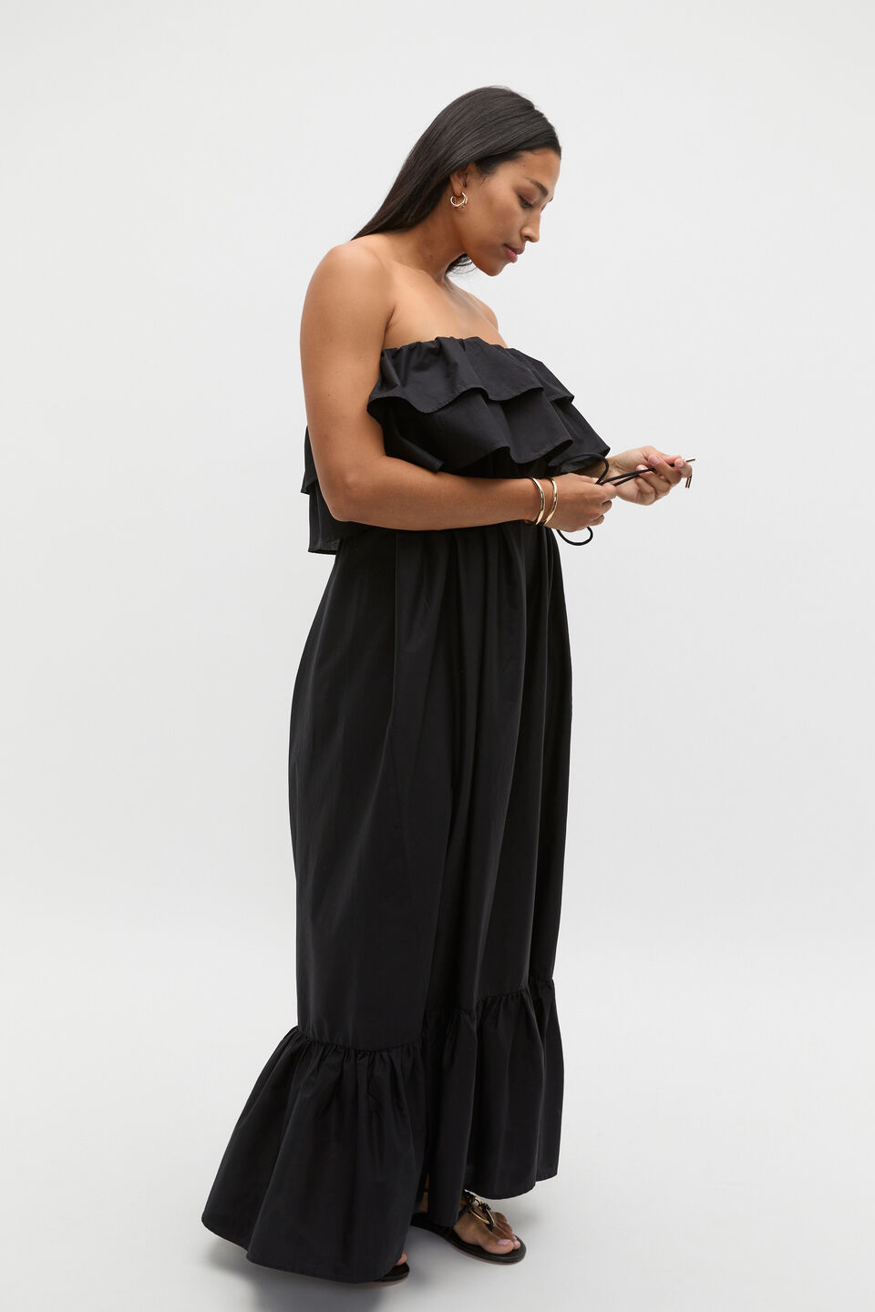 Voile Strapless Ruffle Maxi Dress  Black