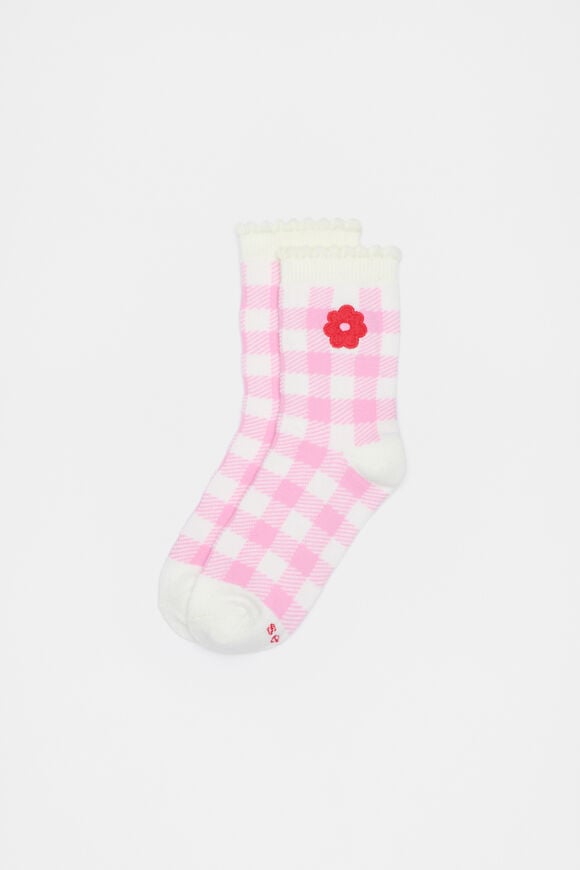 Gingham Flower Sock  Light Pink  hi-res