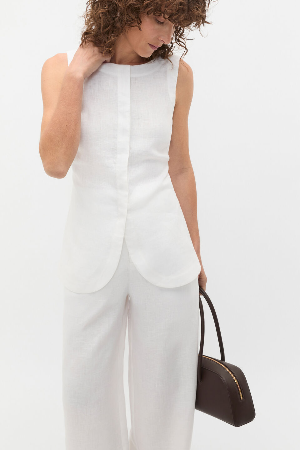 Linen Concealed Placket Vest  Whisper White