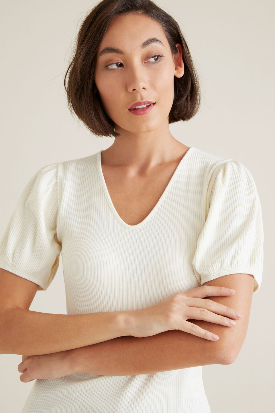 V Neck Rib Sleeve Top  