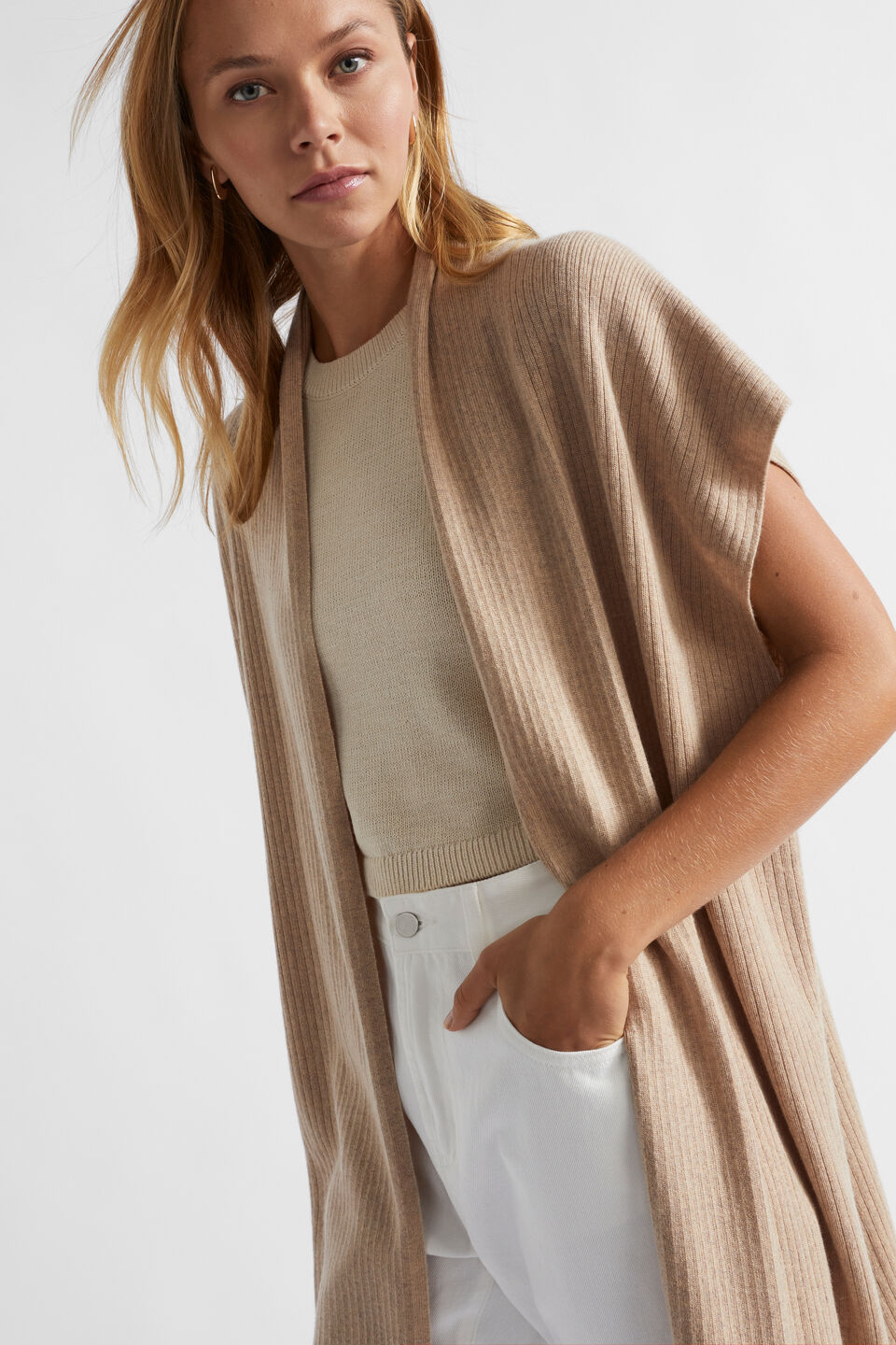 Rib Knit Poncho  Champagne Beige