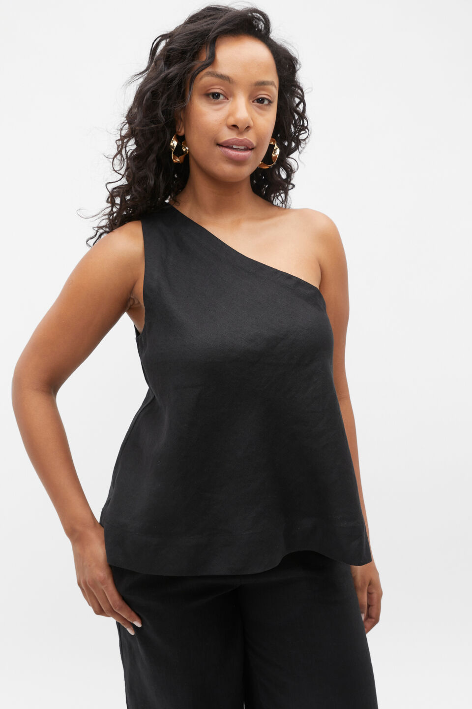 Linen One Shoulder Top  Black