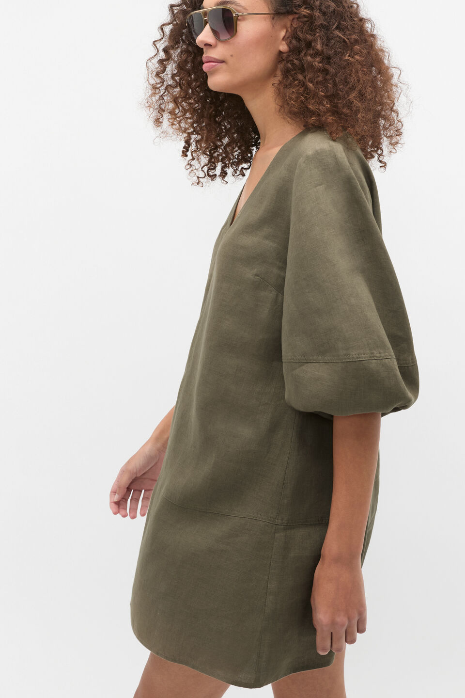 Linen V Neck Seam Detail Mini Dress  Olive Leaf