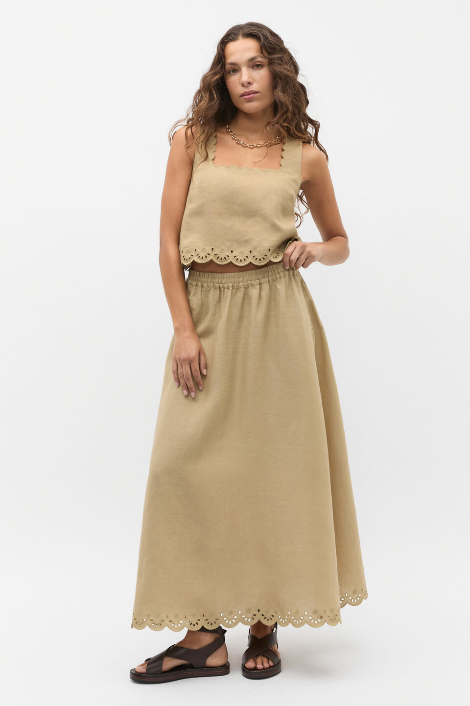 Scallop Broderie Midi Skirt  Cashew