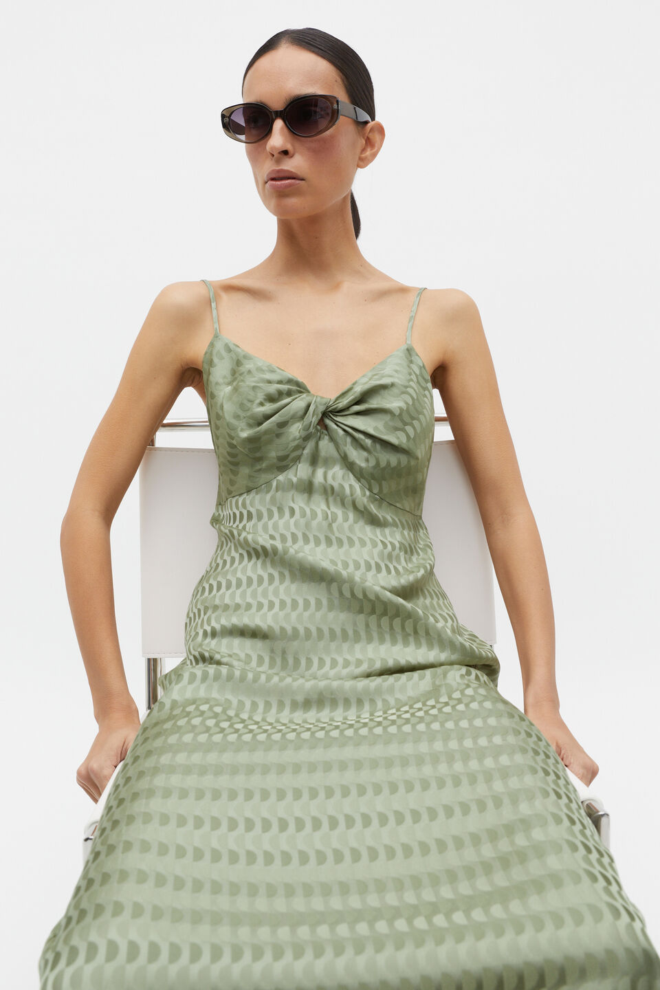 Jacquard Twist Front Midi Dress  Pale Olive