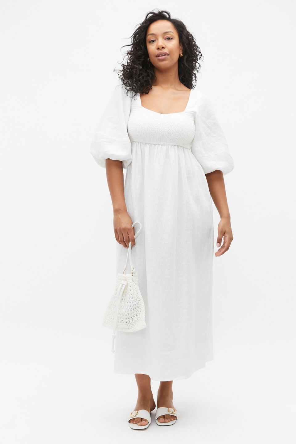 Linen Puff Sleeve Sun Dress  Whisper White