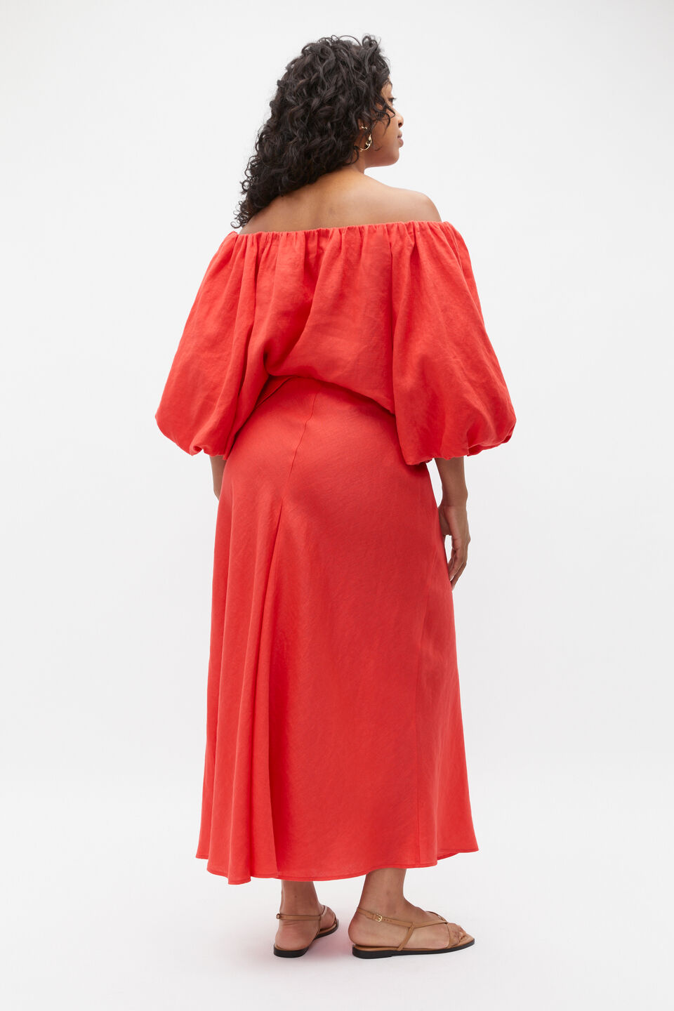 Linen Panel Insert Midi Skirt  Strawberry Red