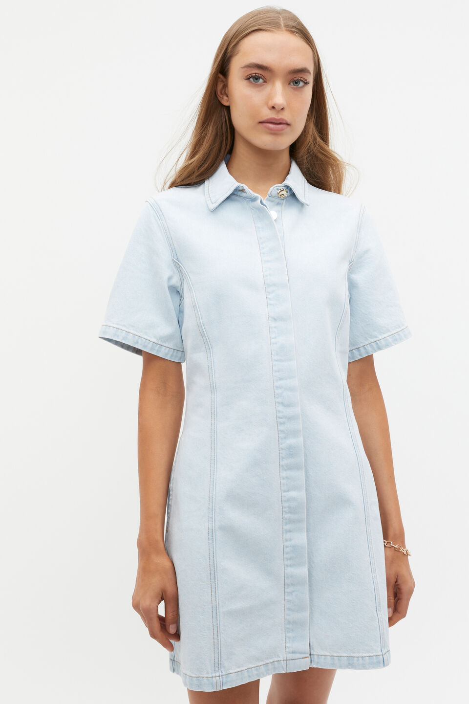 Denim Collar Mini Dress  Stone Blue Wash